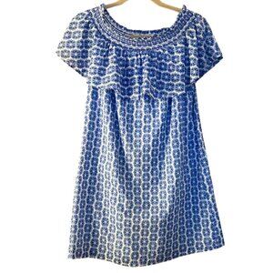 Vineyard Vine Blue & White Geo Print Ruffle Off-The-Shoulder Dress, XS